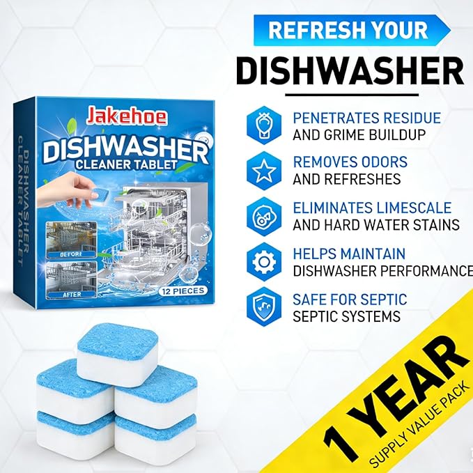 Dishwasher Cleaner Tablets 24 Pack, Professional Strength Descaler and Deodorizer Pods for All Dishwasher Models, Heavy Duty Septic Safe Formula, Limescale Calcium Odor Remover, Alternative to