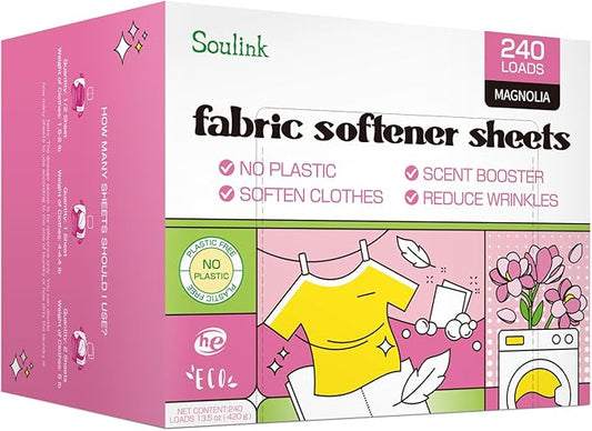 Soulink Fabric Softener Sheets for Washing Machine, No Plastic Jug Soap Strips, Alternative to Fabric Softener Liquid and Pods, Magnolia Scent, Up to 240 Loads