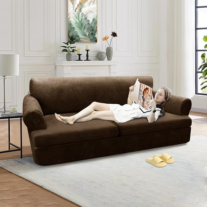 3-Pieces T Cushion Sofa Slipcovers Leather Look Couch Cover for 2 Cushion Couch Furniture Protector Stretch Sofa Cover with 2 Individual T Cushion Seat Covers Washable, Dark Brown