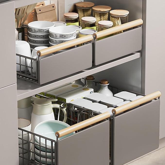 Pull Out Cabinet Sliding Basket, Under Sink Mesh Drawer Organizer with Handle, Metal Kitchen Bathroom Organization Shelf, Countertop Pantry Storage Shelves with Adhesive Nano Tape (Gray, S)