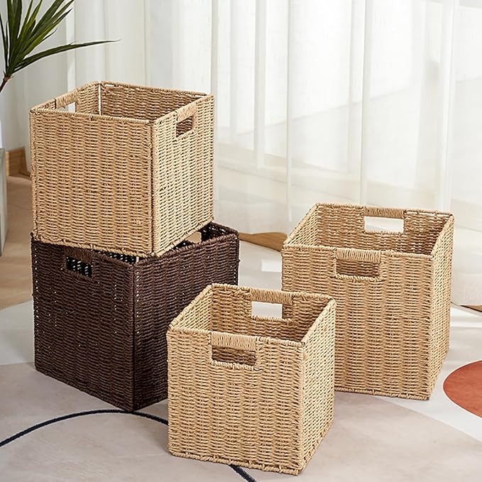 10.5x10.5inch Storage Basket,1Pcs Paper Brown Rope Woven Baskets, Foldable Handwoven Storage Cubes, Wicker Cube Baskets Laundry Organizer Totes for Bathroom Bedroom Laundry Pantry or Shelves