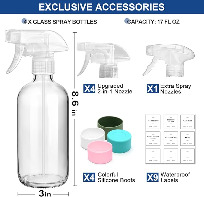 Glass Spray Bottles for Cleaning, 4 Pack Clear Empty Spray Bottle for Cleaning Solutions, 17 fl oz Reusable Spray Bottle for Plants with Silicone Boot, Cleaning Spray Containers with Labels