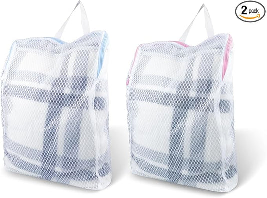 2 PCS Honeycomb Mesh Laundry Bag with Handle, 15.7 x 11.8 Inch Zippered Mesh Laundry Bag, Extra Large Opening, Side Widening, for Washing Socks, Baby Items, Lingerie, Travel Garments (Pink and Blue)