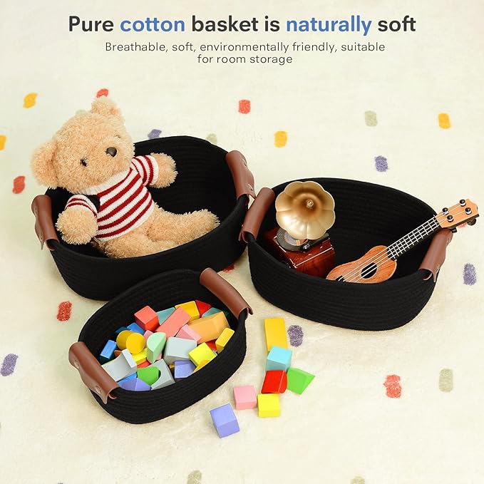 5 Piece Storage Baskets Small Woven Basket with Detachable Leather Handle, Cotton Rope Shelf Baskets for Closet Organizers, Different Sizes Basket Decor, Black
