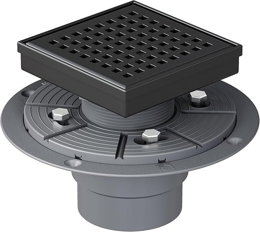 Neodrain 4 Inch Black Square Drain, 304 Stainless Steel Shower Drain Kits with PVC Base, Removable Cover Hair Catcher Strainer for Bathroom Floor Drain, Matte Black