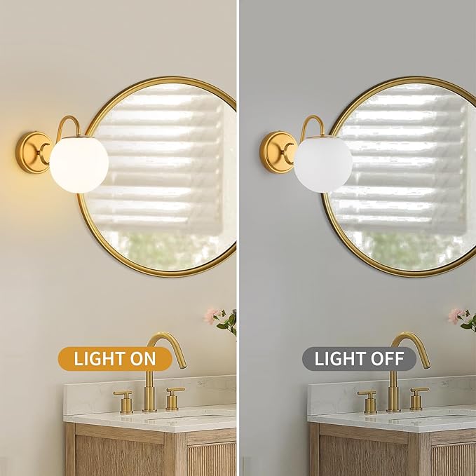 Vintage Bathroom Vanity Light Fixtures Over Mirror, Brushed Gold Vanity Lights For Bathroom With Milk White Glass Globe Shade, Wall Sconces For Bedroom, Hallway, Dressing Table(Includ G9 Bulb)