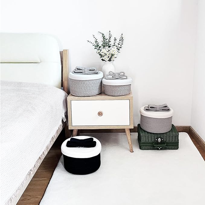Small Decorative Baskets with Lids, Woven Rope Storage Basket with Lid for Home Decor; Small Boho Storage Basket, Bin and Box for Living Room, Bathroom, Bedroom or Shelf (grayish-brown)