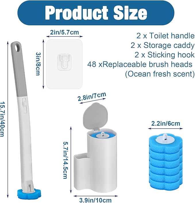 2 Pack Disposable Toilet Brush and Holder Set, Automatic lid-Opening and Closing Toilet Brush with Holder 48 Refills for Bowl Cleaners Bathroom Cleaning Bathtub