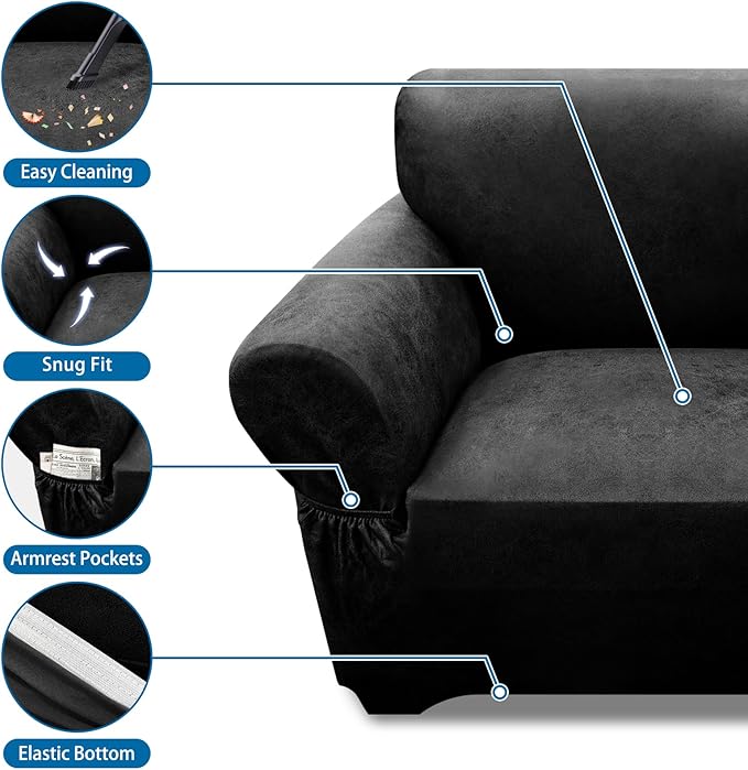 Oversized Sofa Slipcover Leather Look Couch Cover for 4 Seater Sofa 1-Piece Sofa Cover Stretch Furniture Protector with Elastic Bottom & Pockets(XL Sofa, Black)