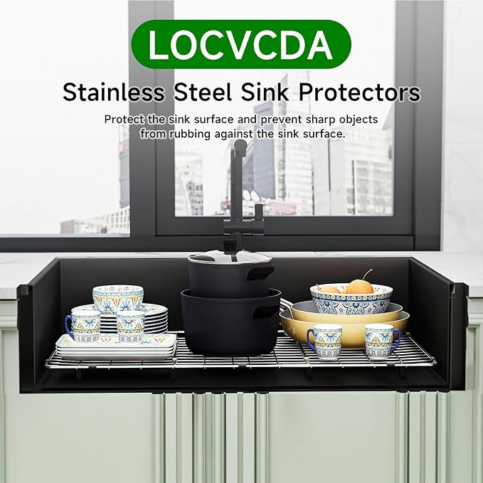 Stainless Steel Sink Protector 27.5" x 13.5" with Rear Drain, Metal Sink Rack for Bottom of Sink, Kitchen Sink Grate and Sink Protectors with Sink Strainer (27.5" x 13.5" - Rear Drain)