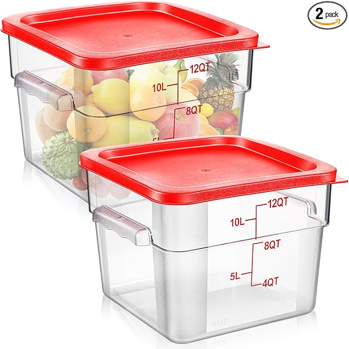 Suclain 2 Pcs Square Food Storage Container Polycarbonate Clear Food Container with Lid Commercial Rice Storage with Graduations for Commercial Kitchen(12 Qt,Red)