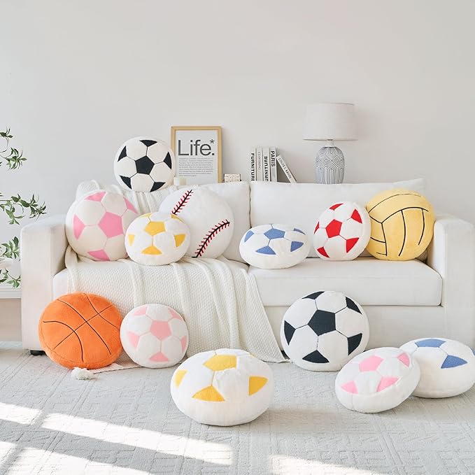 Soccer Pillow,15" Soccer Shaped Pillow Floor Cushion Seating Cushion with Faux Rabbit Fur,Round Soccer Throw Pillow Room Décor for Sofa Couch Living Room (Dusty Blue)