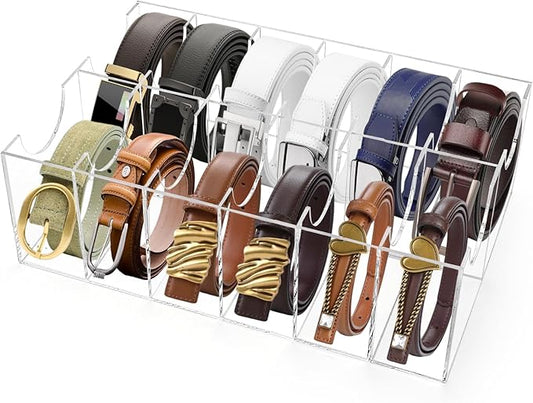 ZENFUN 12 Compartments Belts Storage Box, Acrylic Belt Organizer, Belt Container Storage Holder Clear Belts Display Case for Watch, Hair Accessories, Jewelry, Closet and Drawer