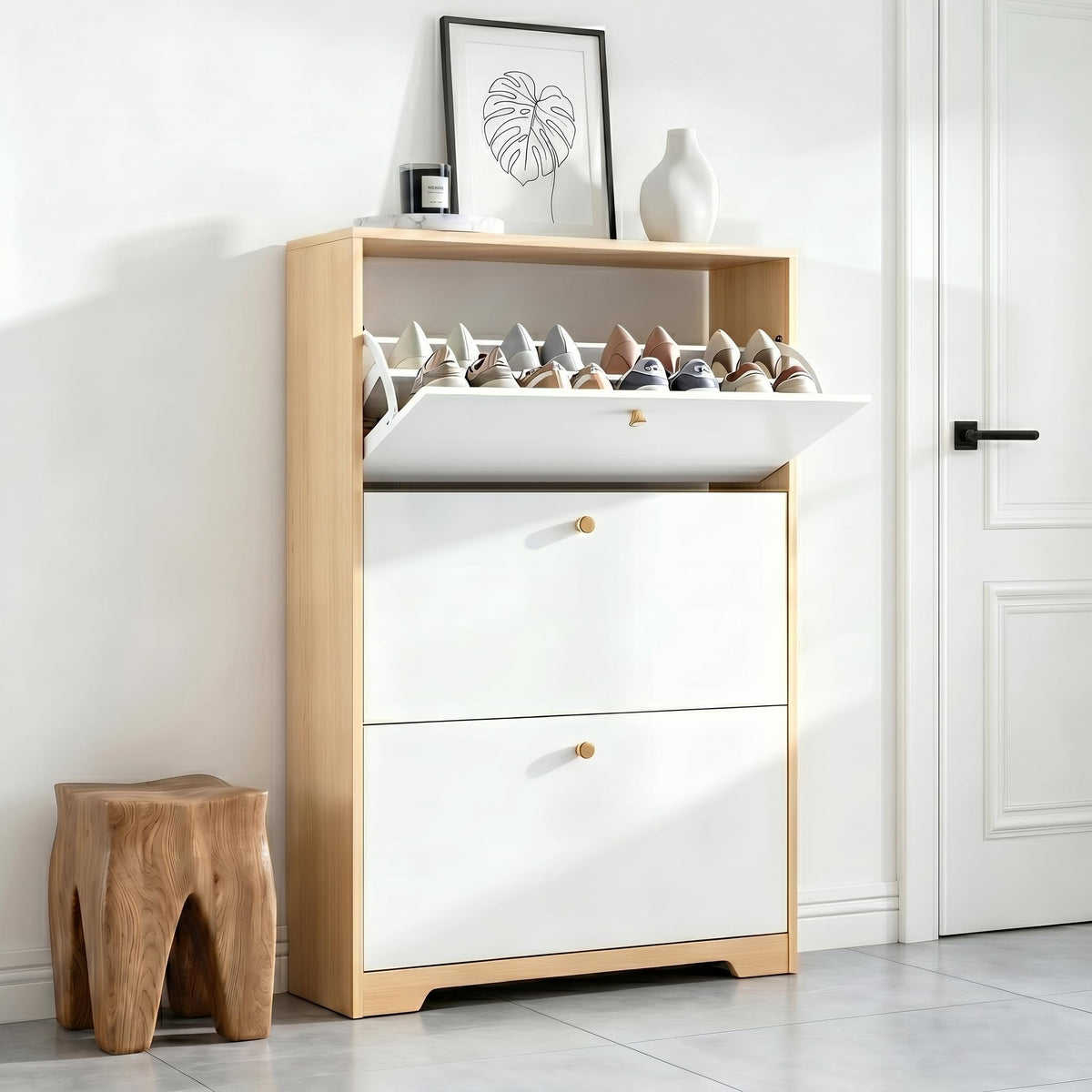 Nicetree Shoe Storage Cabinet with 3 Flip Drawer, Narrow - Image 1