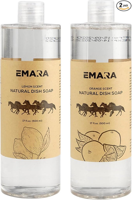EMARA All-Natural, Non-Toxic Dish Soap Liquid - 17 fl oz (500ml) - Hypoallergenic, Organic, Cuts Grease & Food Residue, Lemon and Orange Scent, Pack of 2