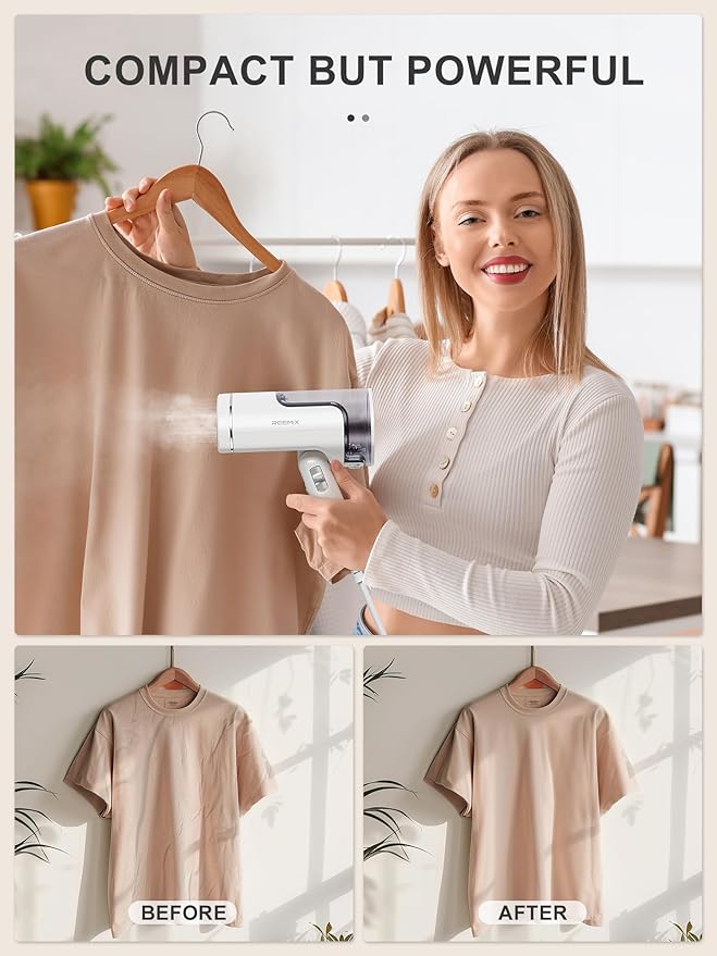 Reemix Portable Garment Steamer, Foldable Handheld 1300W, Travel Size Fast Heat-up, Fabric Steamer for Home & Travel, 120V Only (White)