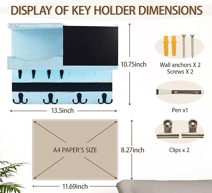 Key Holder for Wall Mount with Shelf and Mail Organizer, Key and Mail Holder with 16 Hooks, Farmhouse Entryway Organizer, Home Decor Rack(Pine Wood,Blue)