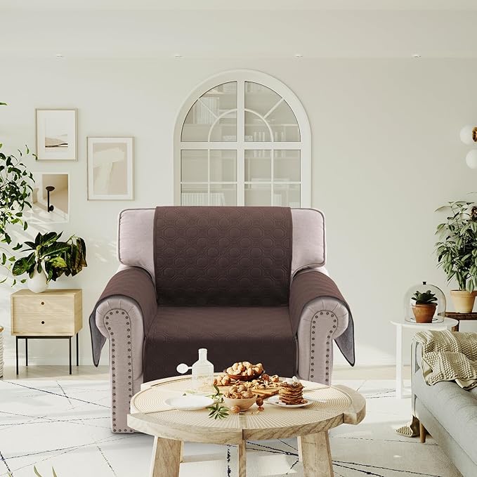 PrinceDeco Chair Cover 100% Water Proof Sofa Cover Non-Slip Brown Couch Cover with Elastic Straps Furniture Protector, Washable Armchair Cover for Pets Kids Dog Cat- Chair 23"