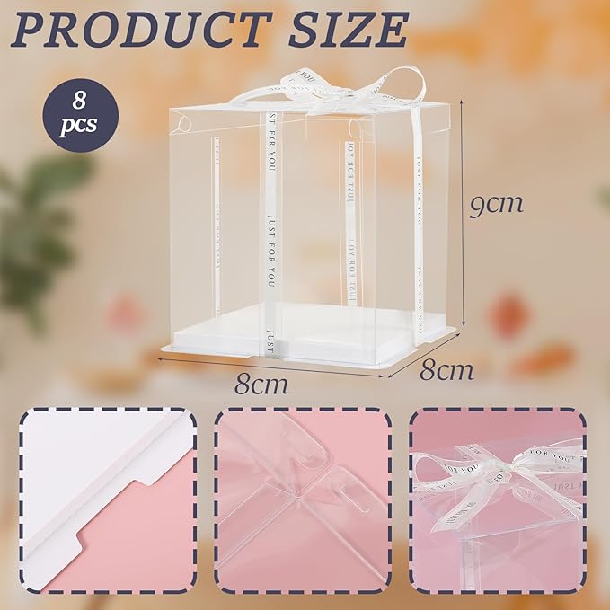 8Pcs Tall Cake Boxes Clear Box with Ribbon, 8x8x9 inch, for 6" cajas para pasteles Tiered Cakes,Transport Gift Boxes for Wedding Valentine'Day and Gift Display. (Clear, 8 * 8 * 9 inch/8pcs)