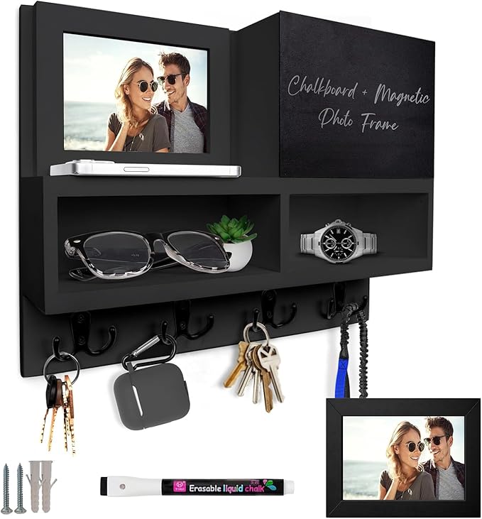 Spacelog Key and Mail Holder for Wall with Chalkboard – Magnetic Photo Frame Key Holder Wall Mount, Black, Dual Storage & Cupboards Mail and Key Organizer for Wall