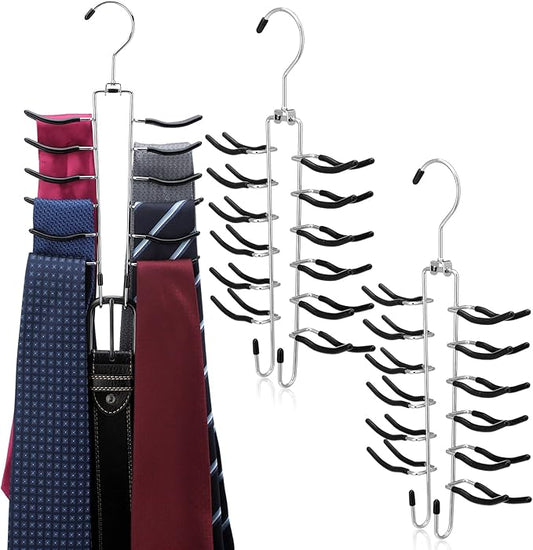 Kathfly 3 Pcs Swivel Tie with Belt Hanger Chrome Tie & Belt Hanger Organizer Black 360 Degree Swivel Space Saving Storage Holder with Non-Slip Sleeve for Men, 26 Hooks