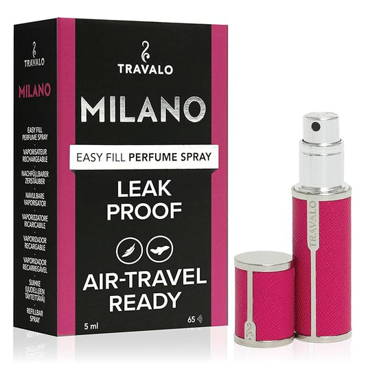 Travalo Milano Perfume Atomizer - Leak-Proof and TSA Approved for Air Travel - Reusable, Airtight, Easy Fill Mini Pump Sprayer - Lightweight Vegan Leather with Polished Metal Outer Shell - Hot Pink
