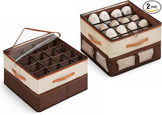 Shoe Organizer for Closet, 2 Pack Foldable Shoe Storage Organizer with Clear Cover and Reinforced Handles,Space Saving Stackable Shoe Boxes for Closet and Bedroom,Coffee Brown and Cream Beige