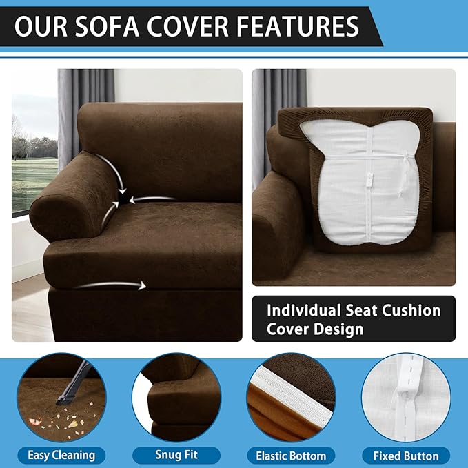 3-Pieces T Cushion Loveseat Slipcovers Leather Look Couch Cover Loveseat Covers for 2 Cushion Couch Furniture Protector Stretch Sofa Cover with 2 Individual T Cushion Seat Covers, Dark Brown