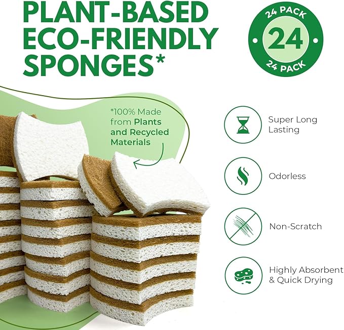Natural Kitchen Sponges (24 Pack) - Biodegradable Cellulose & Coconut Scrubber Dish Sponge for Kitchen - Eco-Friendly, Non Scratch, Compostable, Non Toxic Natural Sponges for Dishes