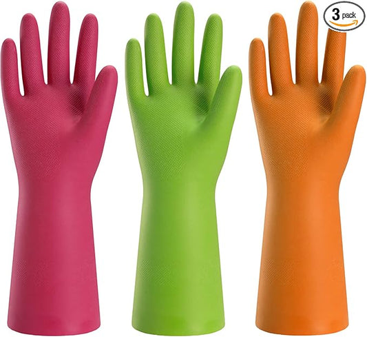 Bamllum 3 Pairs Rubber Cleaning Gloves for Household - Reusable Dishwashing Gloves for Kitchen, Flexible Long-lasting & Waterproof (Large, Green+Red+Orange)