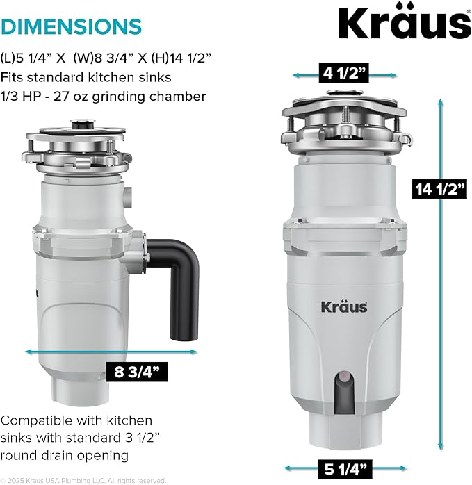 KRAUS WasteGuard 1/3 HP Continuous Feed Garbage Disposal with Ultra-Quiet Motor for Kitchen Sink with Power Cord and Flange Included, KWD201-33MCG