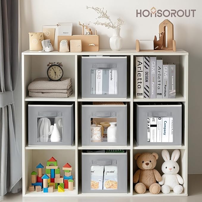 Storage Cube 11 Inch - Cube Storage Bins with Window, Closet Storage Baskets with Handle, Fabric Bins for Closet, Shelves, Toys, Clothes, Set of 14, Grey
