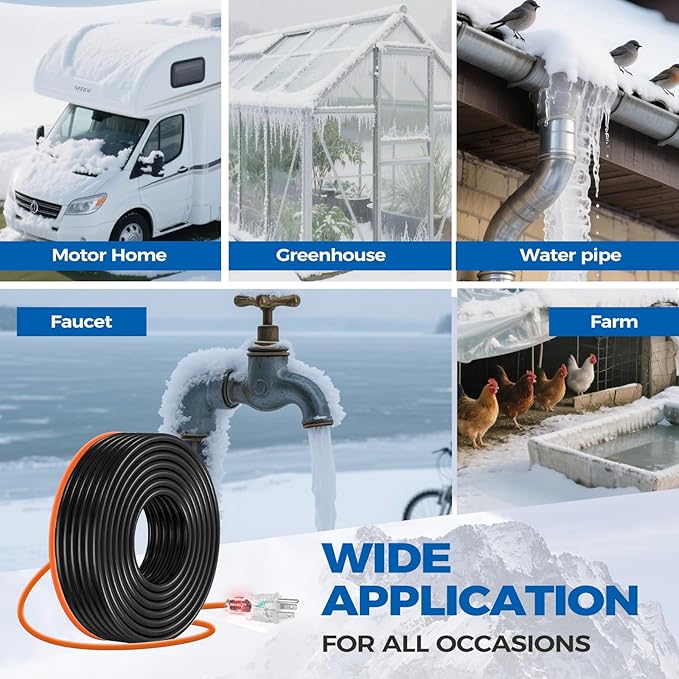 30FT（3FT-200FT） Pipe Heating Cable for Pipe Freeze Protection, Heat Cable for Water Pipes(Metal and Plastic), Pipe Heat Tape Keeps Water Flowing at -40°F 5w/ft, 120V Plumbing fixture