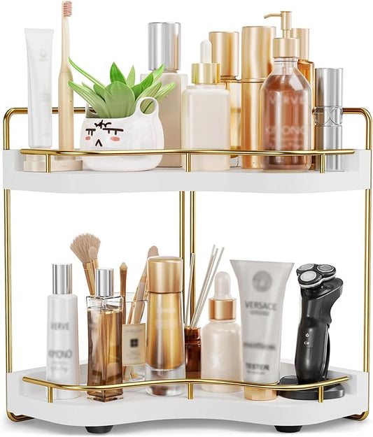 2-Tier Corner Bathroom Counter Organizer with Embedded Screw Holes, Secure & Stable Wood Vanity Shelf for Makeup and Skincare Essentials - Space Saving Bathroom Countertop Storage, White Gold