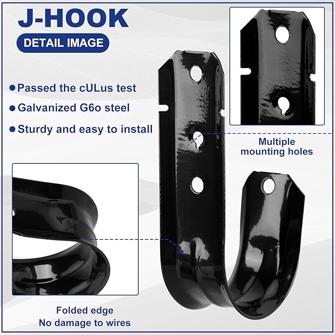 Zonon Black Cable Support J Hooks for Hanging Heavy Duty Metal J Hook for Cable and Wire Management Galvanized Steel(2 Inch)