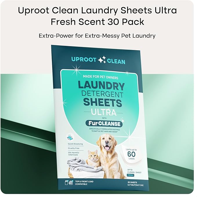 Uproot Clean Laundry Sheets Ultra - 30 Pack - Fresh Scent: Extra-Large Enzyme-Powered Laundry Detergent Sheets Travel Pack - Eliminate Clinging Fur, Pet Odors, & Messy Residue - Up to 60 Loads