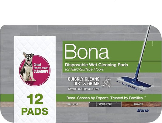 Bona Multi-Surface Floor Disposable Wet Cleaning Pads - 12-Pack - Residue-Free Floor Cleaning Solution for Stone, Tile, Laminate, and Vinyl Floors