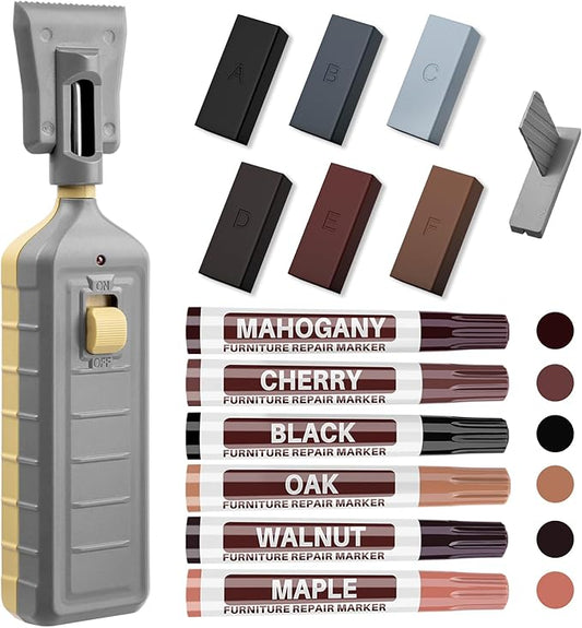 Laminate Vinyl Floor Repair Kit with Heat Pen, 6 Color Hardwood Floor Wax Linoleum Repair Kit Furniture Touch Up Markers Scratches Repair Restore Scratch Repair Remover Cracks, Holes for Table,Cabine
