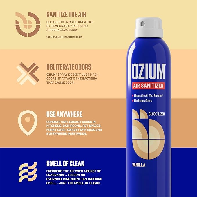 Ozium 8 Oz. Air Sanitizer & Odor Eliminator for Homes, Cars, Offices and More, Vanilla Scent, Pack of 6