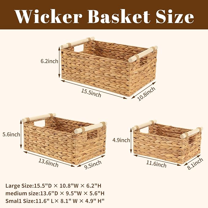 3-Pack Woven Storage Baskets Set, Small Medium Large Wicker Baskets for Shelves Organization, Rectangular Natural Weave Baskets for Kitchen, Bathroom, Living Room Decor, Home Storage Solutions
