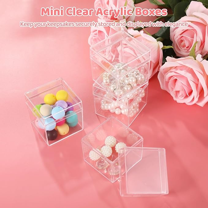 50 Pcs Acrylic Boxes with Lids, 2×2×2" Mini Clear Candy Boxes, Square Transparent Display Cases, Stackable Storage Cubes, Small Containers for Wedding Favors, Jewelry, Treats