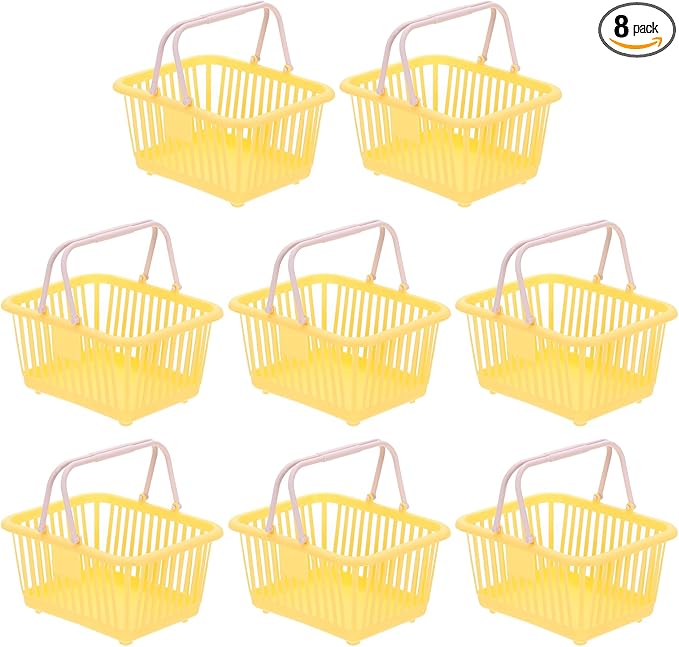 PATIKIL 8PCS Small Plastic Basket,Mini Storage Basket Grocery Tiny Shopping Baskets with Handle Organizer Filtered Water for Organizing Toys Fruits Veggies Snacks, Yellow