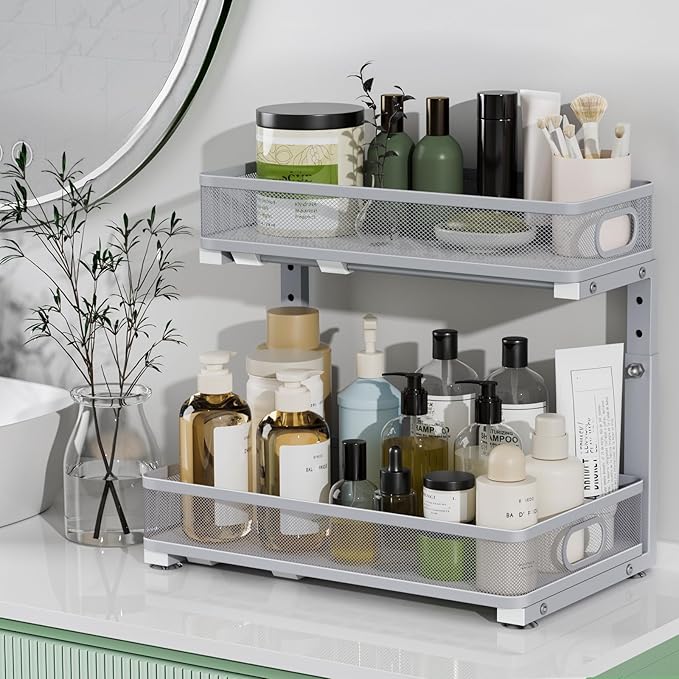 Under Sink Organizer, Height Adjustable 2 Tier Under Sink Organizers and Storage, Slide Out Metal Cabinet Organizers, Pull Out Sink Storage Drawer Shelf for Kitchen Bathroom Cabinet, Grey, 1 Pack
