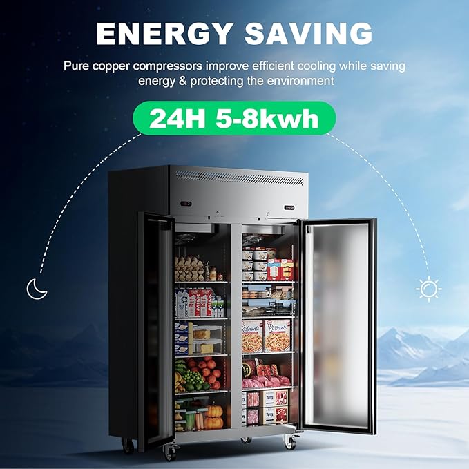 48" W 2 Door Commercial Refrigerator and Freezer Combo Stainless Steel Fan Cooling 38 Cu.ft Fridge and Freezer Dual Zones for Restaurant Bar Shop 33°F~41°F and -8℉ ~0℉, Stainless Steel Reach-in