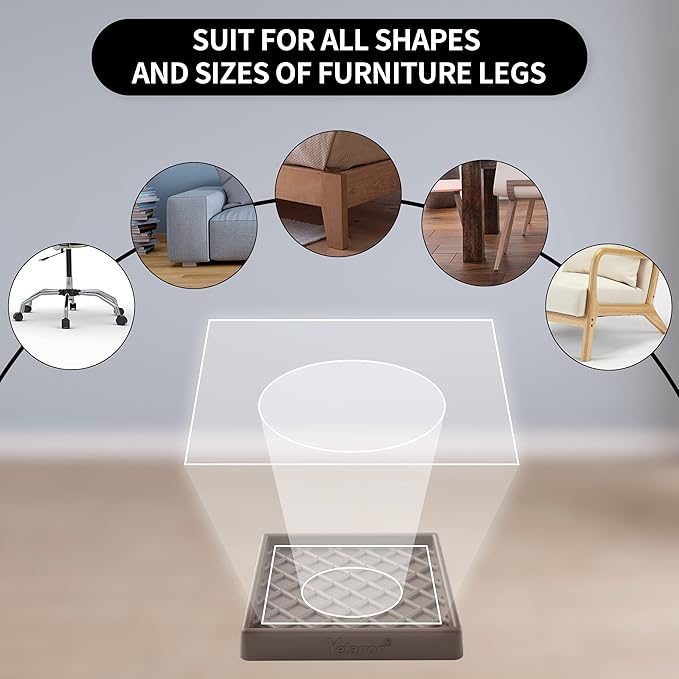 Furniture Coasters - 8 Pcs 3” Square Furniture Caster Cups Non Slip Pads Hardwoods Floors Non Skid Furniture Grippers Rubber Grid Feet Anti Slide Floor Protector for Bed Couch Stoppers Brown