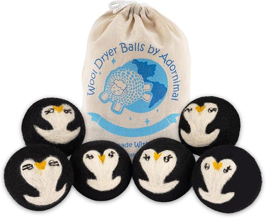 Wool Dryer Balls – Penguin Design Dryer Balls Laundry Reusable – Natural Fabric Softener – 100% Pure New Zealand Wool – Handcrafted in Nepal – 6 Pack Laundry Balls for Dryer