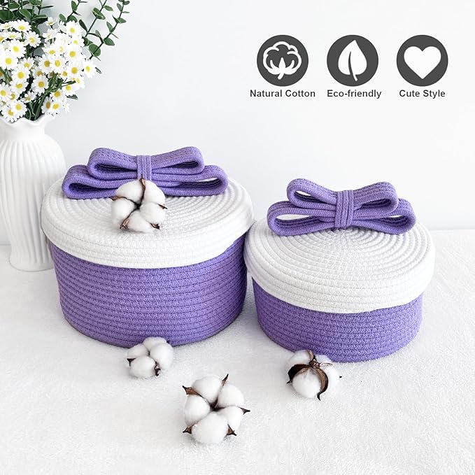Cute Small Toy Box & Storage Baskets with Lids, Round Woven Rope Basket with Bunny & Bow Handle, Decorative Home Decor for Easter Gifts, Kids & Pets (Lavender)