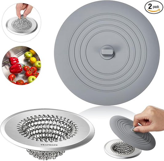 TRAPMATE Kitchen Sink Drain Strainer & Sink Stopper, Revolutionary Stainless Steel Drain Plug Combo, Anti-Clog Garbage Strainer Basket for US Standard Drains, Fits Single & Double Bowl Kitchen Sinks