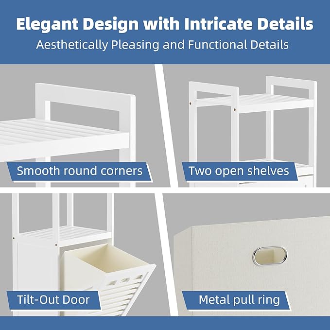Bamboo laundry cabinet with 2-tier open shelves for bathroom storage

