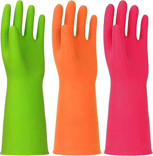 3 Pairs Rubber Cleaning Gloves Latex Free Dishwashing Gloves - 13" Reusable Nitrile Gloves Large, Green+Orange+Red